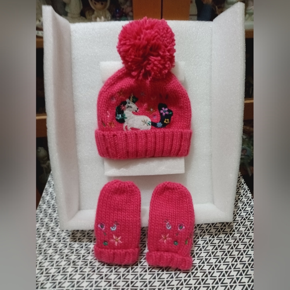 Adorable Pink Unicorn Hat and Mittens Set - 1-2 years